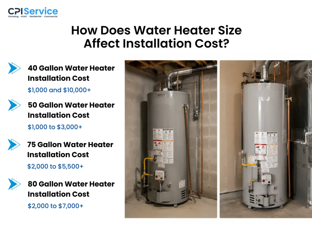 how does water heater size affect installation cost