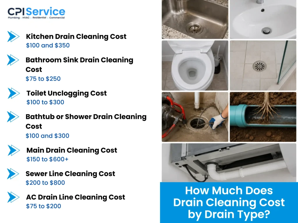 how much does drain cleaning cost by drain type